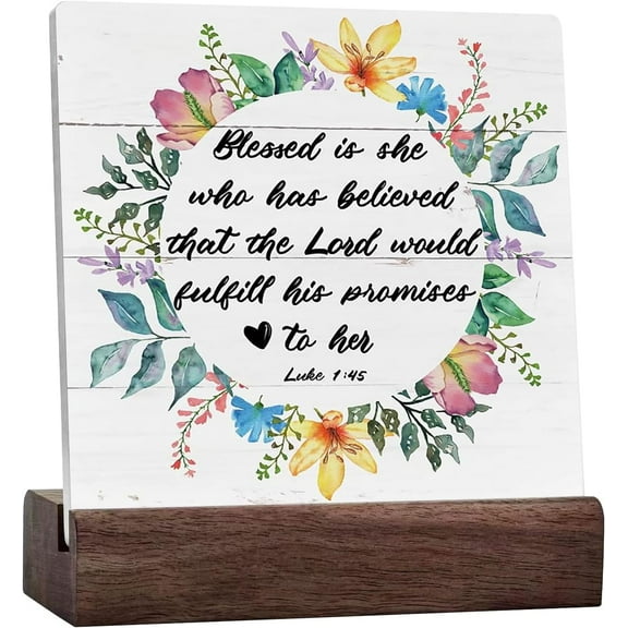 Christian Wood Signs,Bible Verse Luke 1:45 - Blessed is She Who Has Believed,Ceramic Desk Sign Decor Tabletop,Decor Wooden Table Sign,Farmhouse Home Decor for Shelf,Gifts for Christian Women