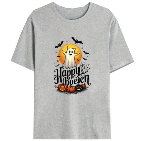 Halloween Happy Boo Ghost T Shirt Whimsical Pumpkin Bat Graphic Tee Short Sleeve Round Neck Gray S-3XL