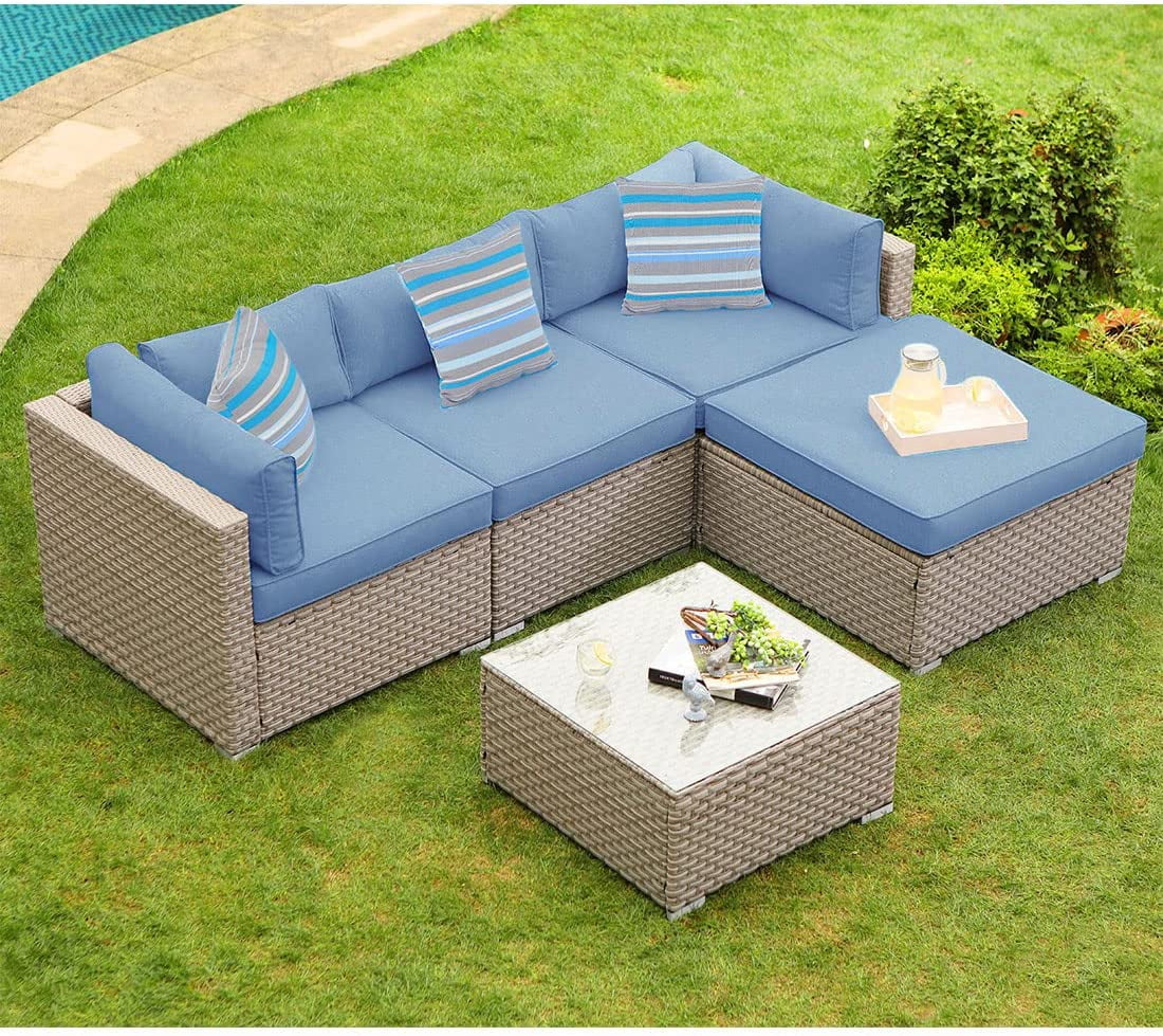 COSIEST 5Piece Outdoor Furniture Set Gray Wicker Sectional Sofa Set