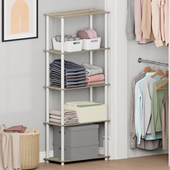 Furinno Turn-N-Tube Toolless Assembly 5-Tier Closet Shelf, Oak Closet Organizer, Open Shelf Closet Organizers and Storage, for Wardrobe, Living Room, Sonoma Oak