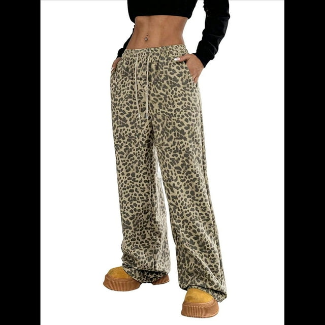 Pantalones Rectos con Estampado de Leopardo A Cuadros para Mujer, Cintura Elástica, Estilo Y2K, con Bolsillos. Leopardo L