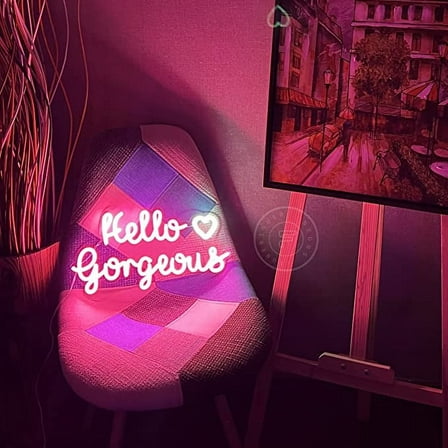 FUNERIGUER Hello Gorgeous Neon Sign With HEART 15 x 8 inches Acrylic Back Plate Hot Pink and White Color With Dimmable Switch