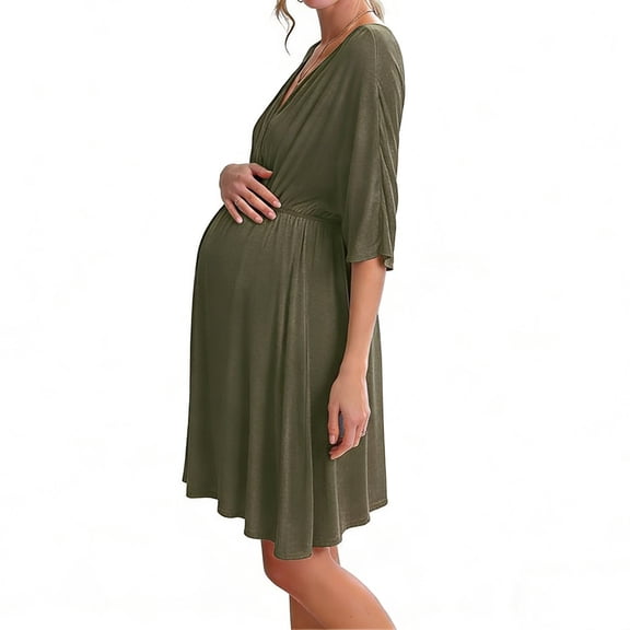 Stamzod Womens Maternity Dress Summer V Neck Nursing Breast Feeding Dress Short Sleeve Casual Knee High Pregnancy Dresses for Women Army Green M