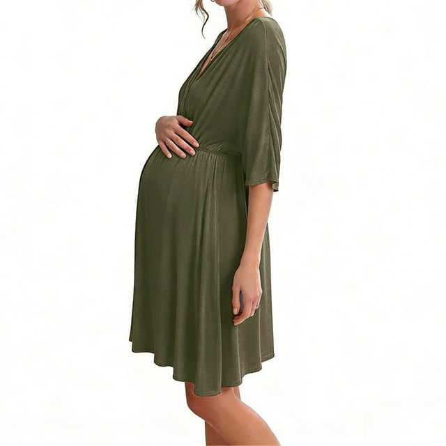 TIMIFIS Maternity Nursing Mini Dress Summer 3/4 Sleeve Breastfeeding Casual Plus Size Solid Color Spring Crew Neck Lightweight Dresses