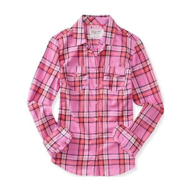 Aeropostale Camisa con botones a cuadros brillantes para mujer, rosa, pequeña Aeropostale Camisa con botones