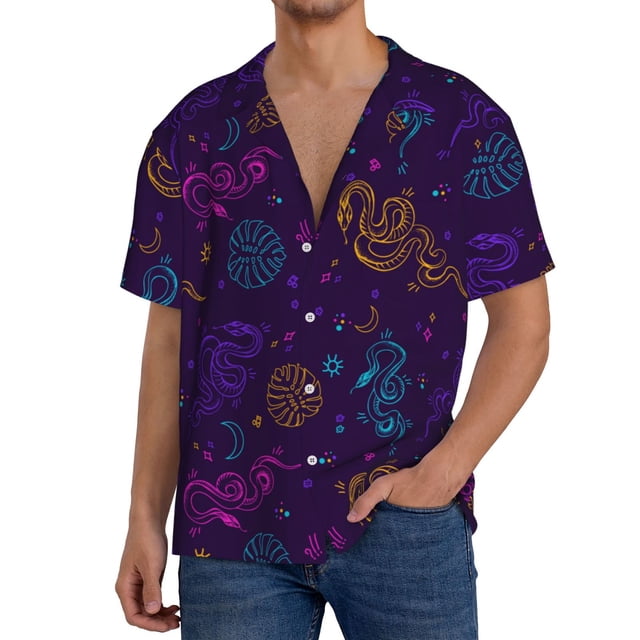 Balery Colorful Snake Camisa Casual de Manga Corta con Botones para Hombre, Texturizada, Estilo Cubano, para Playa, Verano-3X-Large