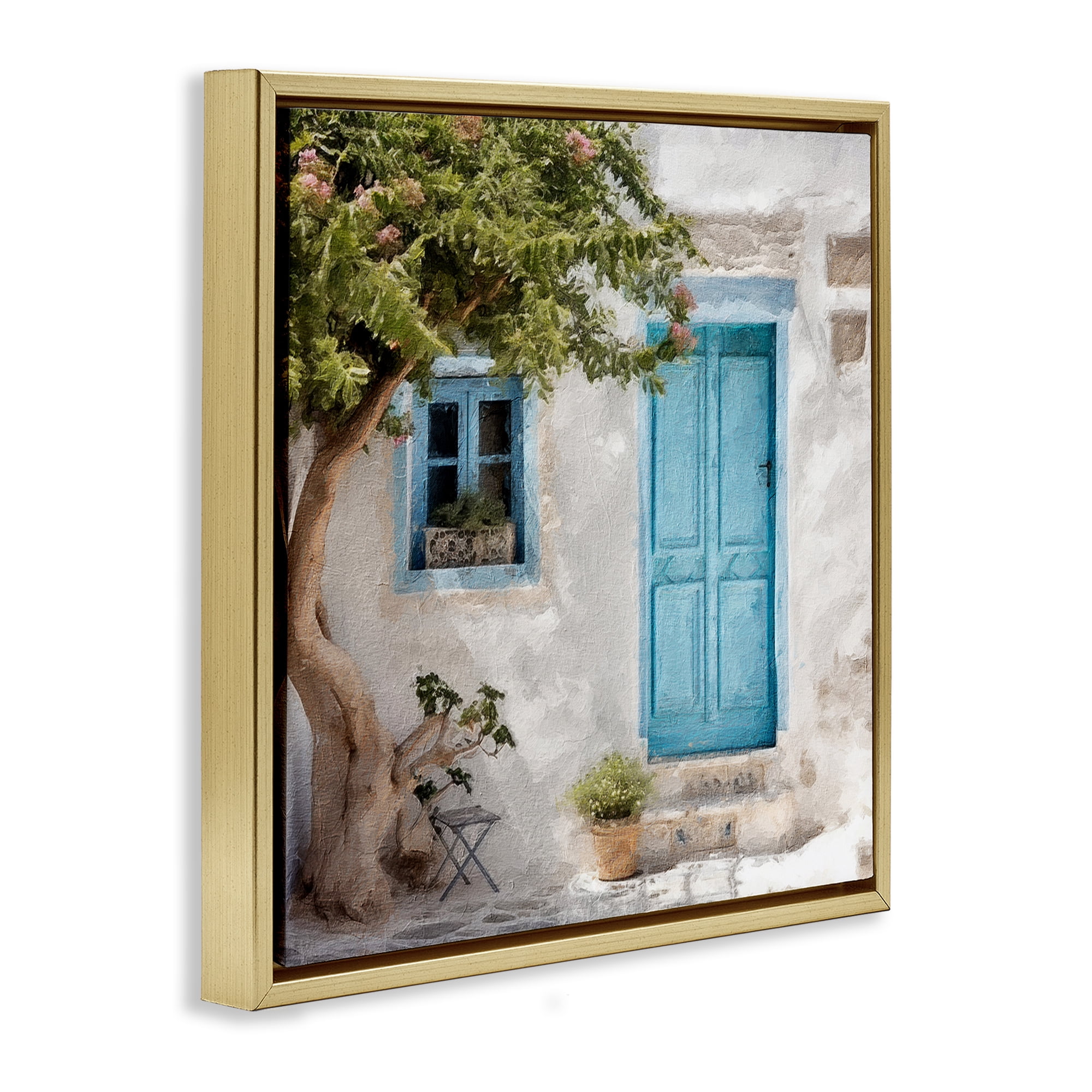 Stupell Industries Blue Door & Tree Town & City Painting Gold Floater Framed Canvas Art Print Wall Art, 25 x 25
