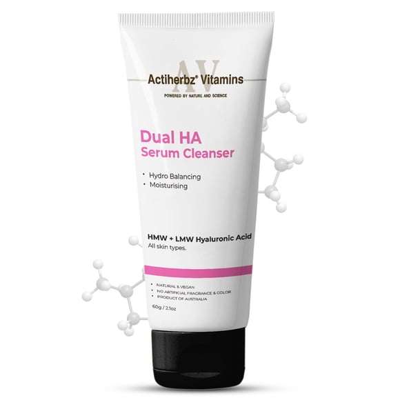 Actiherbz Vitamins Dual HA Serum Cleanser with HMW + LMW Hyaluronic for Face | Hydro Balancing & Deep Moisturizing | All Skin Types | Natural & Vegan | 60ml