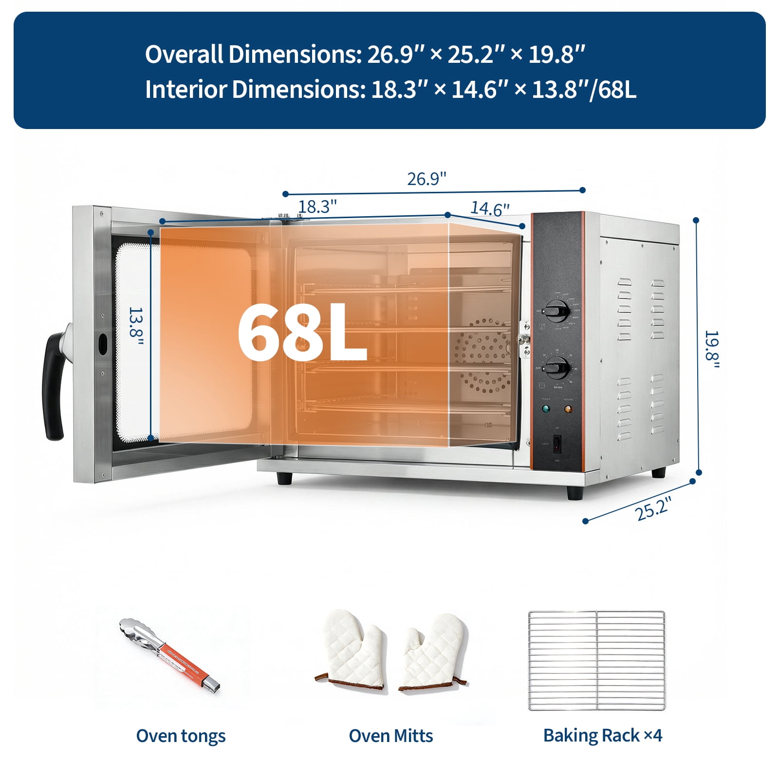 60Qt Commercial Countertop Convection Oven – 4-Tier Toaster, Air Fryer Combo, Front Glass Door, 2400W, 4 Trays & Wire Racks, Kitchen Appliance – 2.3 cu ft, Half-Size, US Plug 1.5m, Temp 30°C-300°C