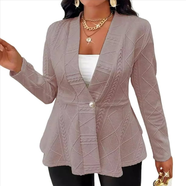 Chaqueta Texturizada con Botones, Cuello en V y Dobladillo con Volantes para Mujer, Talla Grande Rosa M