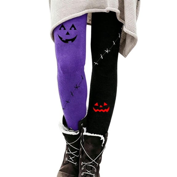 Halloween Leggings for Women Fall Spooky Pumpkin Printed Tights High Waisted Tummy Control Soft Stretchy Yoga Pants Purple,S