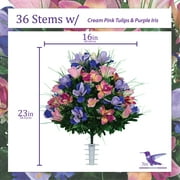 Sympathy Silks Artificial Cemetery Flowers 2 Cream Pink Tulips/Purple Iris Bouquets with Vases & Saddle