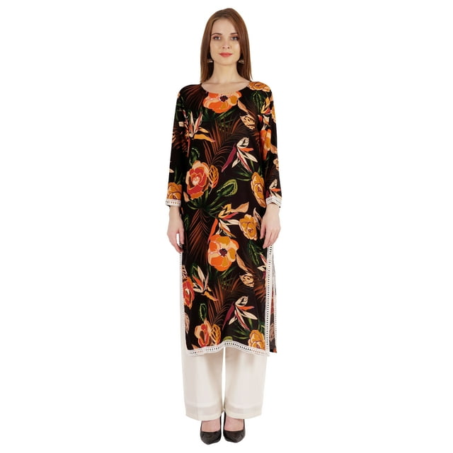 Moomaya Indian Rayon Kurta For Women Printed A-Line Kurti Lace Designer Ethnic Wear Shirt