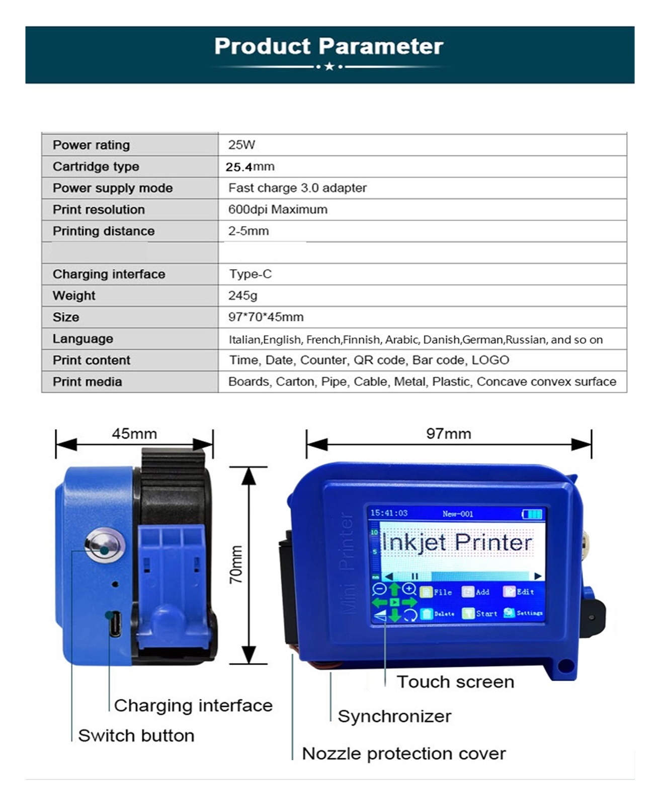 25.4mm Mini Inkjet Printer Lockless Portable QR Strip Batch Code Numbering Logo Label Printer Inkjet Printer ,Versatile Surface Compatibility