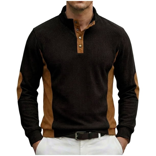 Tops de Verano de Manga Larga para Hombres Cuello de Pie Color Bloque Botón Abajo Camisa, Tops de Manga Larga Patchwork Blusa Casual con Ajuste Relajado, Chaqueta de Moda Ligera