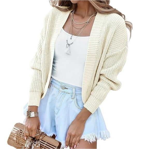 Women's Fashion Long Sleeve Open Front Knit Cropped Cardigan Sweaters Solid Color Casual Drop Shoulder Short Shrugs Sweater Coats