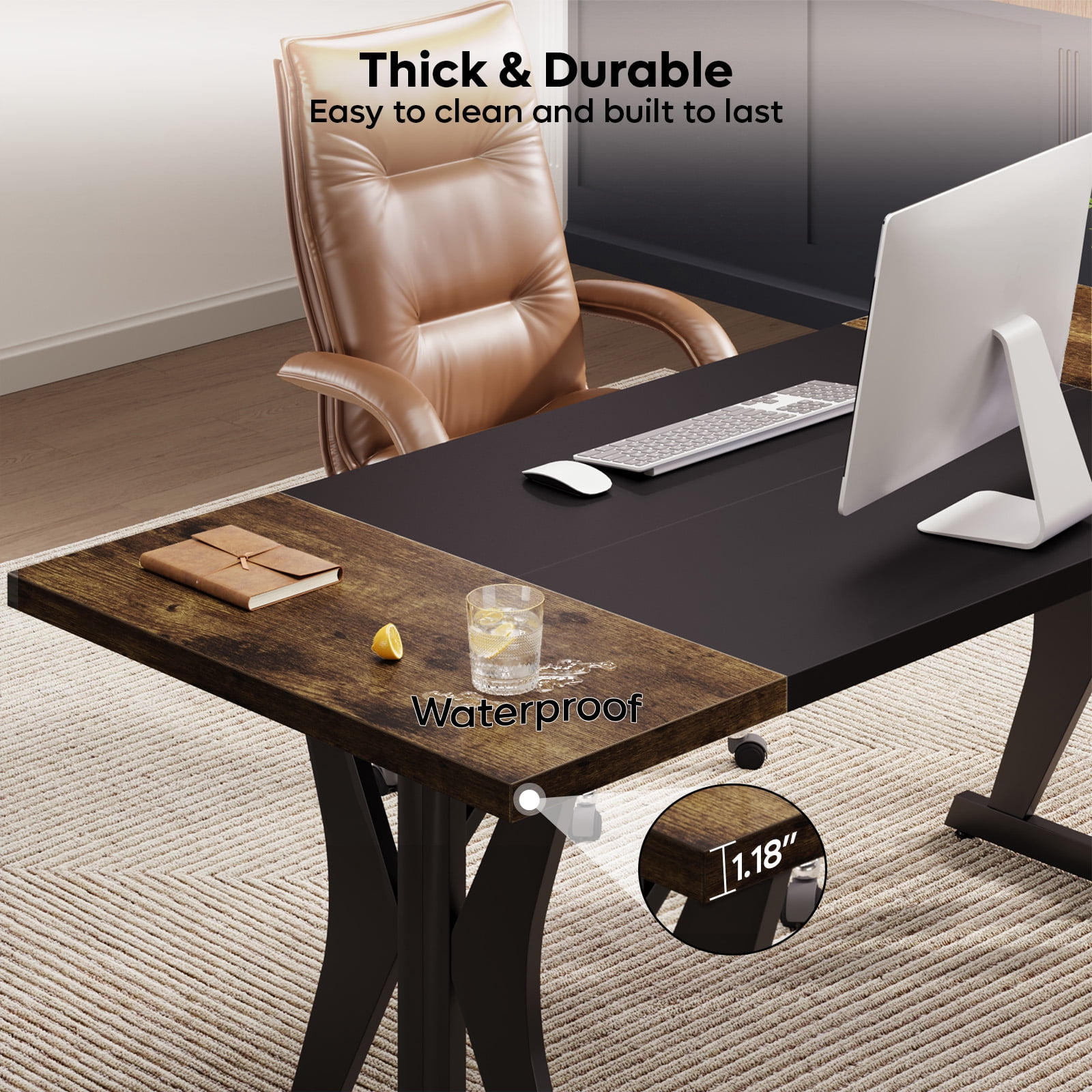 Bestier 70 Inch Large Computer Desk, Modern Two-Tone Executive Office Desk with Sturdy K-Shaped Metal Frame, Industrial Home Office Writing Desk for Gaming, Studying, and Working, Rustic Brown