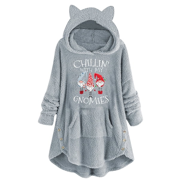 Top de abrigo de felpa con capucha y manga larga con botones de felpa con estampado navideño informal para mujer Pompotops FGAJ22616