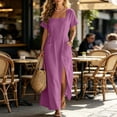 thumbnail image 3 of 2026 Summer Dress for Women Cotton Linen Square Neck Short Sleeve Long Dress with Pockets & Side Slit Beach Sundress, 3 of 7