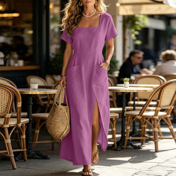 Karymi Maxi Dress, Square Neck Short Sleeve Casual Long Dress with Pockets and Long Side Slit, Solid Summer A-Line Flowy Dress Easter Dress