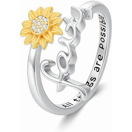 AOBOCO Diamond Sunflower Faith Ring for Women 925 Sterling Sliver Adjustable You Are My Sunshine Sunflower Open Faith Ring Religious Christian Jewerly Gifts