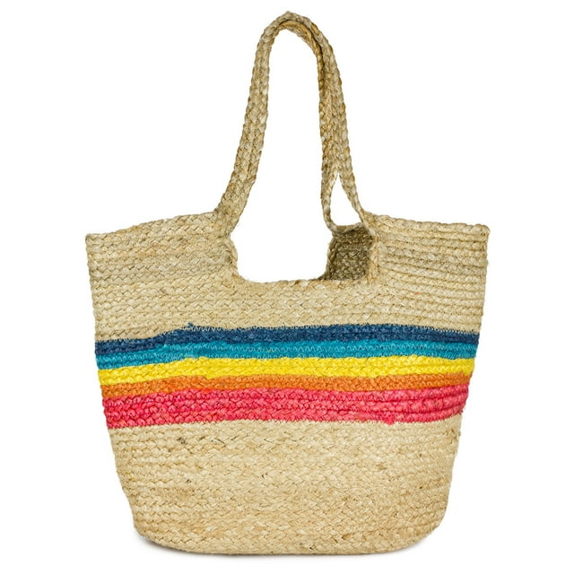 Women's Rainbow Stripe Jute Beach Tote Bag