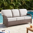 thumbnail image 2 of Opohoro 75.2" Outdoor Patio Wicker 3-Seat Couch, Brown PE Rattan Patio Furniture Sofa with Wide Armrests and Beige Cushions for Porch or Backyard, 2 of 10