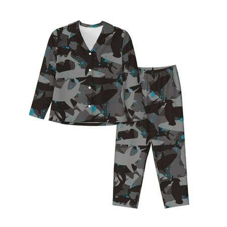 2 Piece Womens Pajama Sets - Black camouflage hammerhead shark Soft Sleepwear Comfy Pajamas Ladies Pj Lounge Sets with Pockets  Long Sleeve Button Shirt and Pajama Pants Pjs Sets for Women