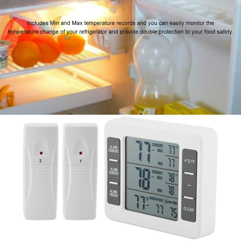 Wireless Digital Refrigerator Thermometer Audible Alarm Indoor Outdoor  Thermometer with Sensor Freezer Thermometer Min/Max Temperature Record 
