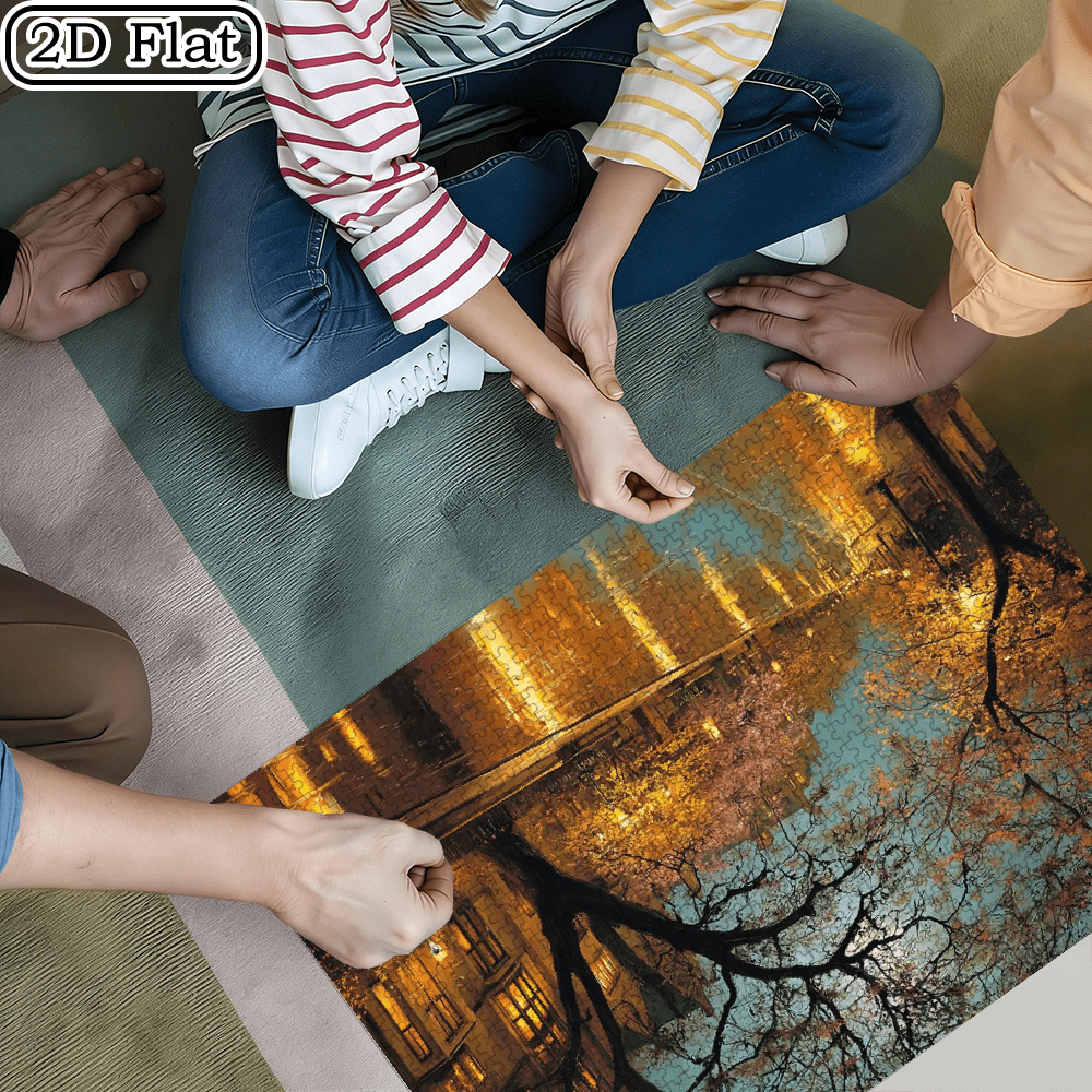 A Box of (1000pcs) Adult Puzzles, with Light Rain Cherry Lane Design, Challenging, Suitable for Adults, Family Entertainment. 29.4*19.6 in
