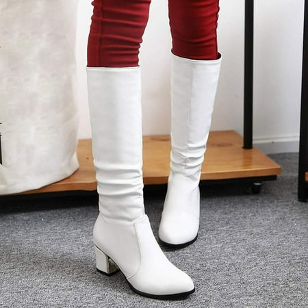 

HAOTAGS Women s Chunky Block Heels Mid Calf Booties Sexy Casual Dressy Shoes White Size 35