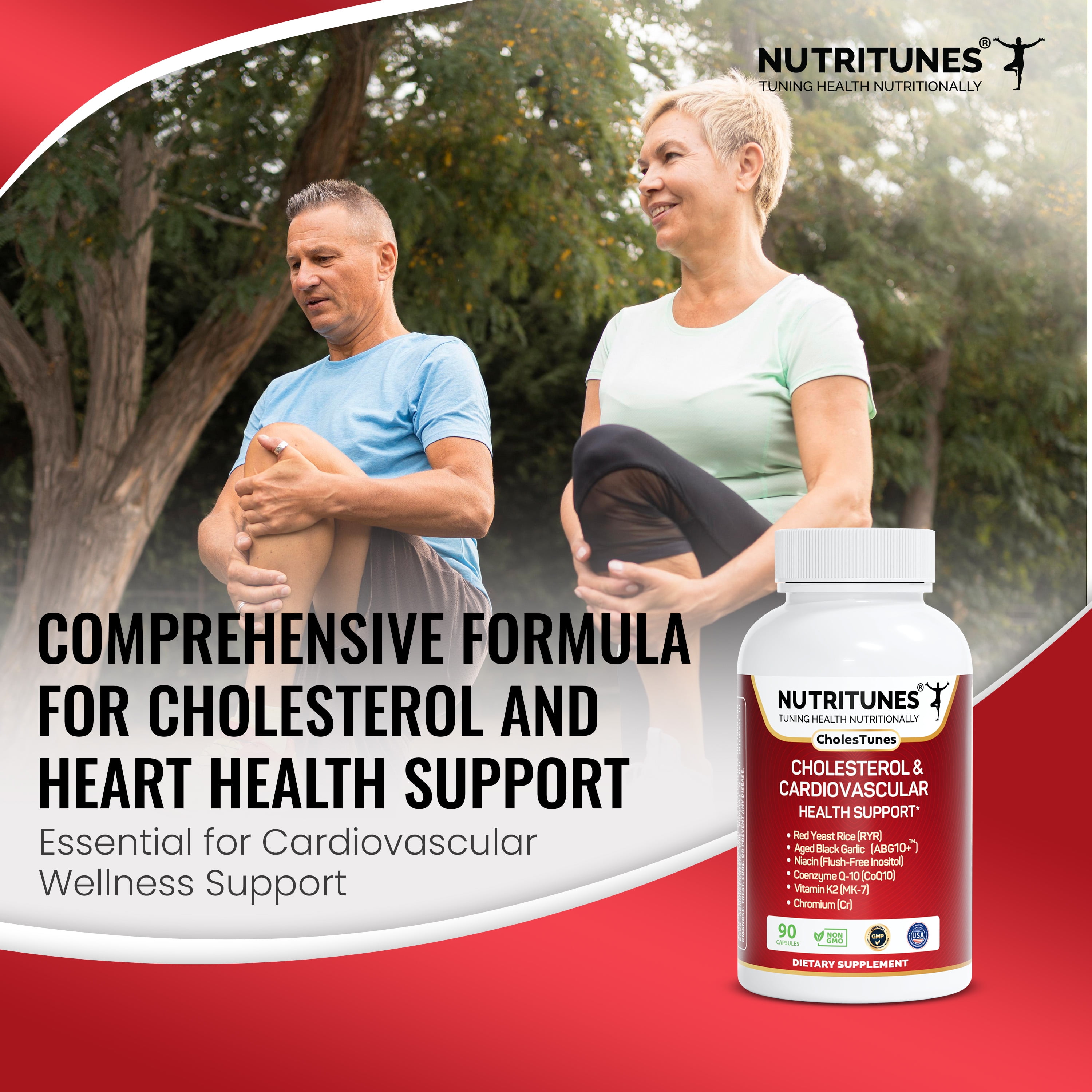 Cholestunes –Cholesterol & Heart Health Support Advanced Supplement  Red Yeast Rice (RYR), Aged Black Garlic CoQ10, Niacin (Flush-Free), Chromium & Vitamin K2– 90 Capsules