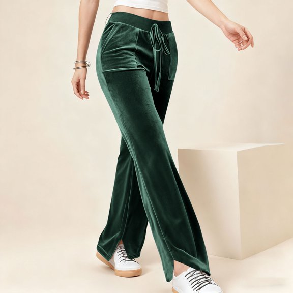 Women's Velvet Flare Pants, High Waist Drawstring Wide Leg Pants, Soft Casual Lounge Pants with Side Pockets for Daily Wear, Loungewear and Relaxed Outfits Blackish Green L