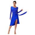 thumbnail image 2 of Sholeno Lyrical Dance Dress for Women V-neck Long See-through Sleeves Rhinestone Modern Contemporary Navy Blue M, 2 of 7