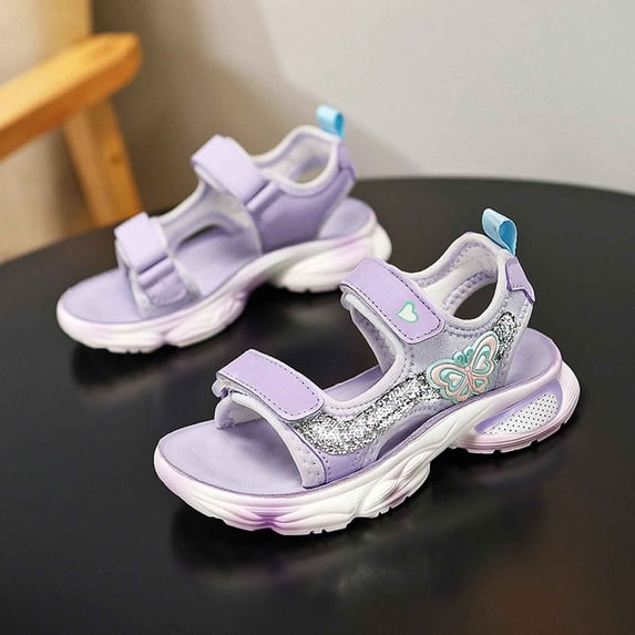 Krdevn Girls Open-Toe Athletic Sandals Butterfly Glitter Adjustable Straps Sole Comfortable Easy-Clean Summer Casual Outdoor Shoes for Daily Wear,Sizes 8-9 Years