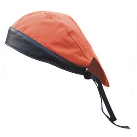 Leather Biker Skull Cap - Men's Motorcycle Biker Heavy Duty Orange Cotton Skull Cap With Black Leather