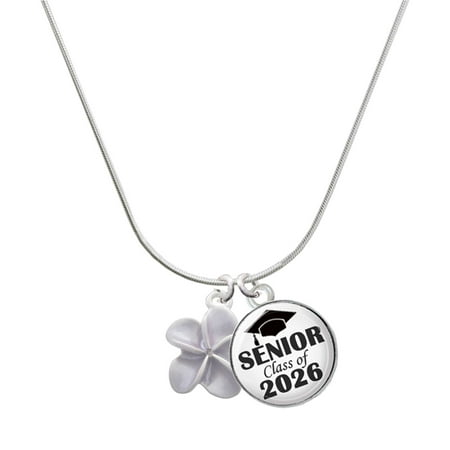 Delight Jewelry Silver-tone Purple Plumeria Flower – Silvertone Senior Class of 2026 Dome Necklace 18