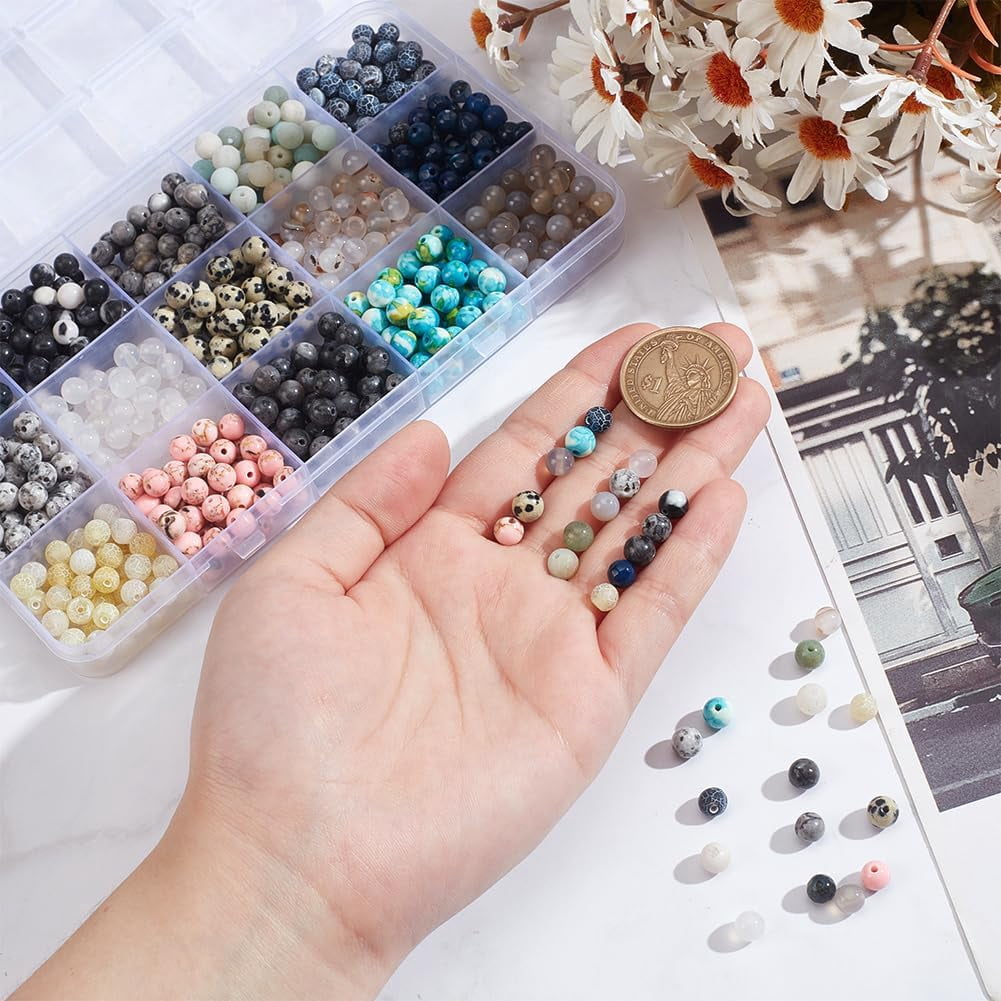 750 Pcs 15 Styles Natural Round Stone Beads Mixed Gemstone Beads Kits 6mm Crystals Gemstone Beading Loose Spacer Beads for Bracelet Necklace Earrings Jewelry Making Hole: 1mm