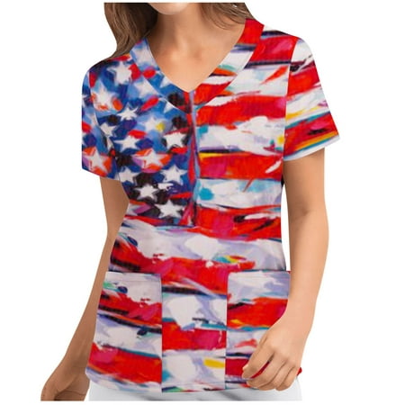 

USSUMA Womens Tops Dressy Casual Summer Short Sleeve 4th of July American Flag Shirts for Women Trendy Working Uniform Scrub V Neck T-Shirts Blouses for Women Plus Tunic
