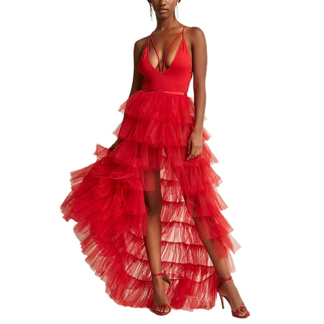 Fortune Women Tulle Skirt Solid Color Mesh Irregular Floor Length Party Skirt