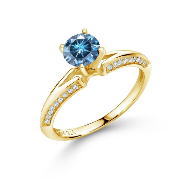 Gem Stone King 18K Yellow Gold Plated Silver Ring Round Persian Blue Moissanite and (1.38 Cttw, Size 9)