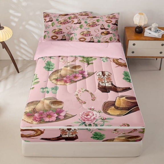 Erosebridal Western Cowgirl Zipper Twin Comforter Sets with Fitted Sheet and 2 Pillowcases for Girls, Vintage Lodge Cabin Zipper Bedding Set, Pink Reversible