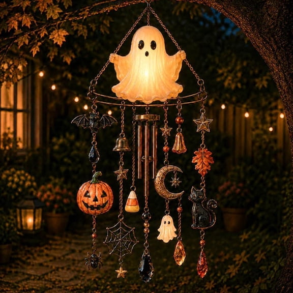 Glow-In-The-Dark Ghost Halloween Wind Chime, Halloween Hanging Decor With Ghost Pumpkin Bell Accents, Outdoor Halloween Decoration For Porch Garden Yard, Spooky Hanging Ornament 7.9" Home Decor