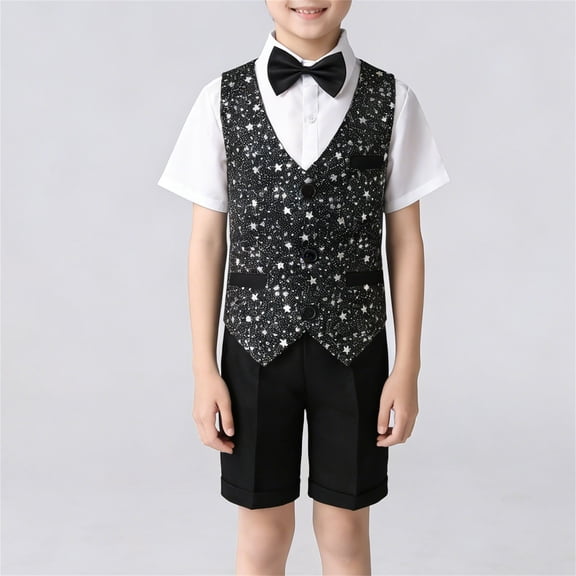 ATOGUTA Clothing Set For Boys Short Sleeve Shirt, Shorts, Bow Tie, Sequine Vest Wedding Birthday Formal Wear Size 4T-15, Black