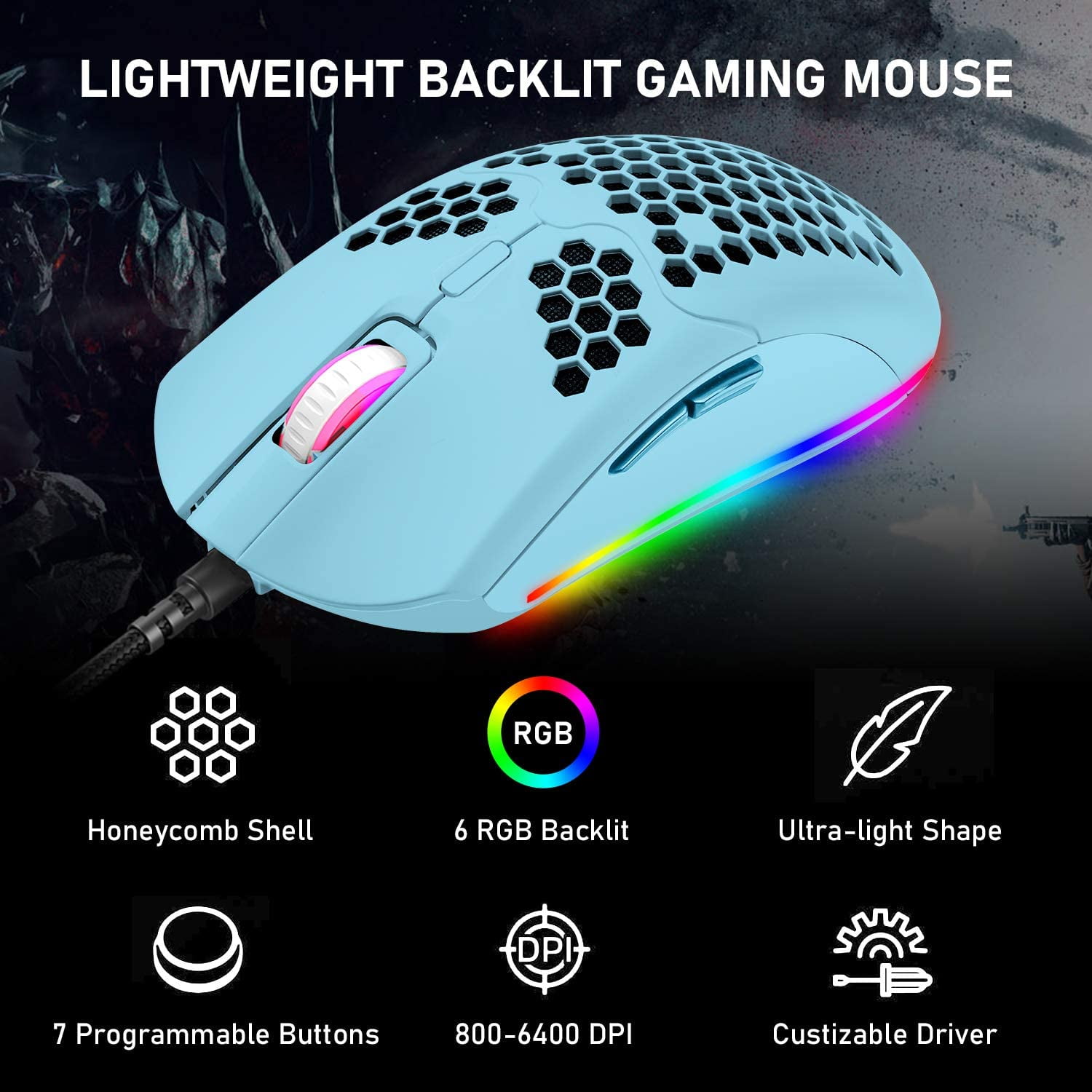 60% Mechanical Gaming Keyboard Blue Switch Mini 68 Keys Wired Type C Chroma RGB 18 Backlit Effects,Lightweight Gaming Mosue 6400DPI Honeycomb Optical,Gaming Mouse Pad for Gamers and Typists(Blue)