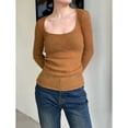 thumbnail image 3 of Suéter de cuello bajo con cuello en U y hilo de principios de primavera, suéter de mohair, camisa básica ajustada para mujer, 3 of 6