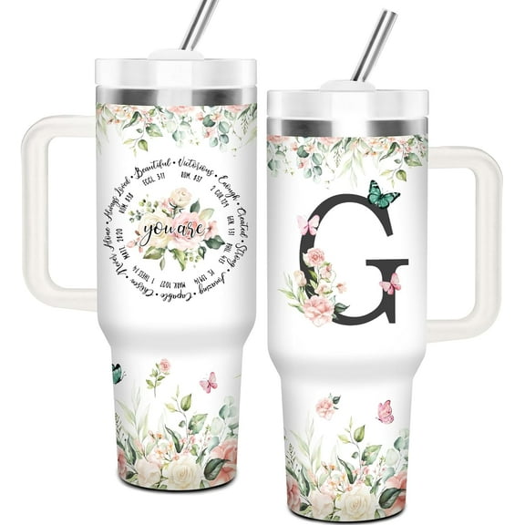 Christian Gifts for Women, Christian Tumbler 40Oz with Handle and Straw for Women, Personalized Initial G Tumbler Gifts for Women Christmas Religious Inspirational Gifts, Gifts for Christian