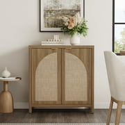 SICOTAS 34.2 Inch Wide Kitchen Pantry Cabinet with 2 Arch Doors, Rattan Storage Sideboard Cabinet with Adjustable Shelves for Kitchen, Freestanding Organizer Credenzas in Natural Oak