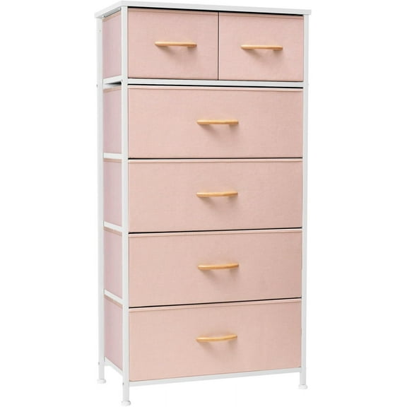 Vertical Dresser Storage Tower - Sturdy Steel Frame, Wood Top, Easy Pull Fabric Bins, Wood Handles - Organizer Unit for Bedroom, Entryway, Closets - 6 Drawers (Pink)