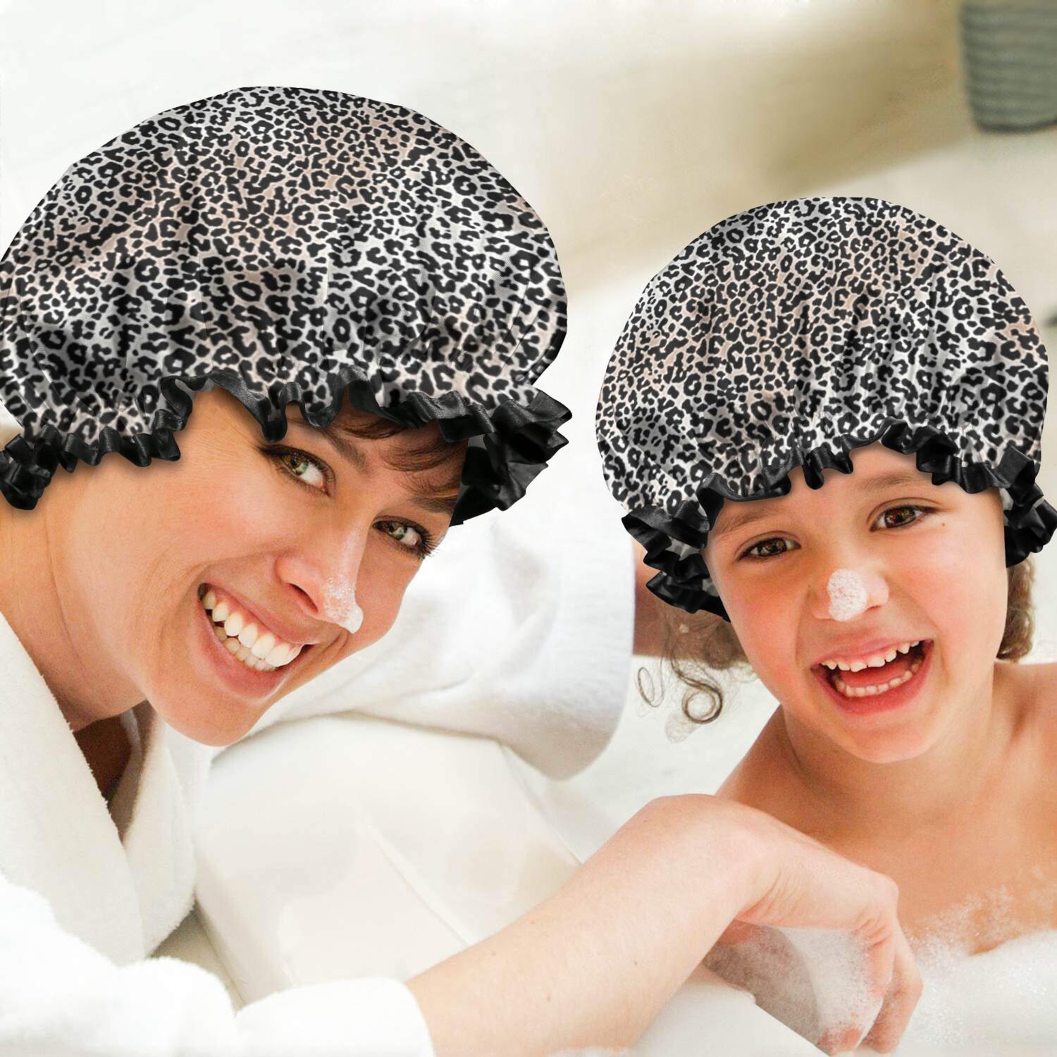 Shower Caps,Black and Tan Leopard Print Waterproof Shower Cap for Women 4 Pieces,Double Reusable Hair Cover for Shower PEVA Elastic Stretch Hem